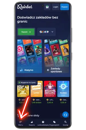 Aby pobrać Rainbet App przejdź do menu
