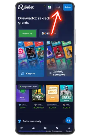 Rainbet login przycisk górny prawy róg strony