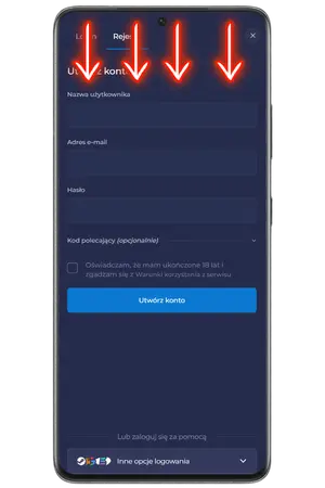Formularz rejestracji konta w Rainbet App